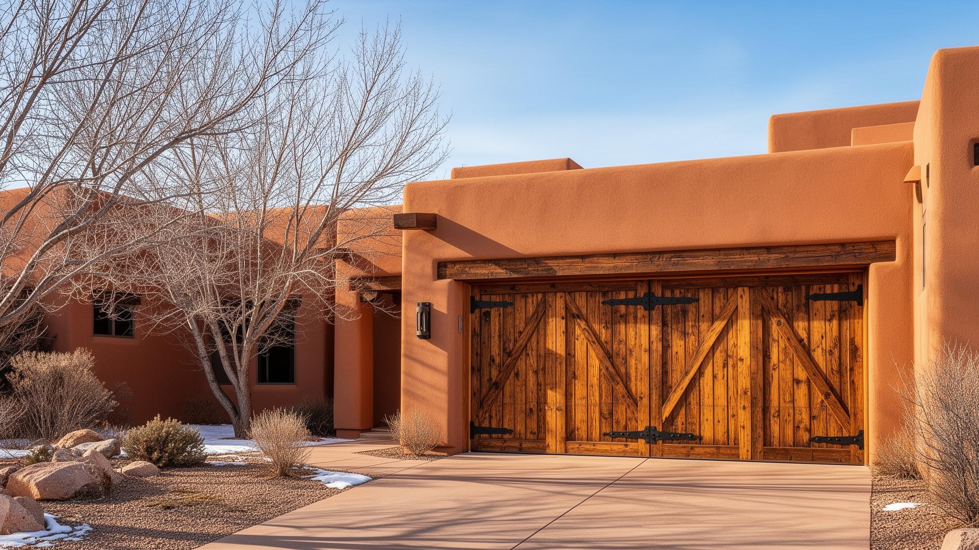 Custom rustic wood grain garage door with iron strap hinges on Southwest adobe style home